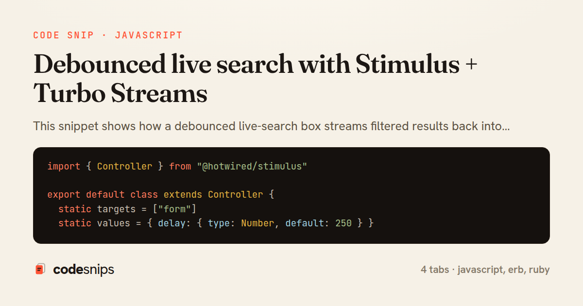 Debounced live search with Stimulus + Turbo Streams — share card