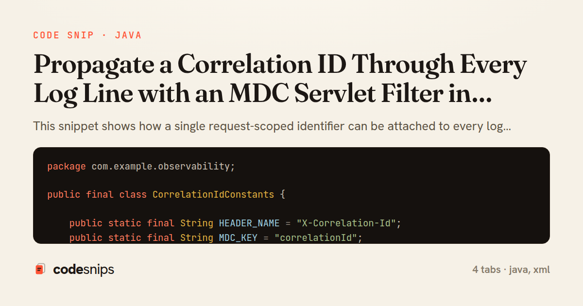 Propagate a Correlation ID Through Every Log Line with an MDC Servlet Filter in Spring Boot — share card