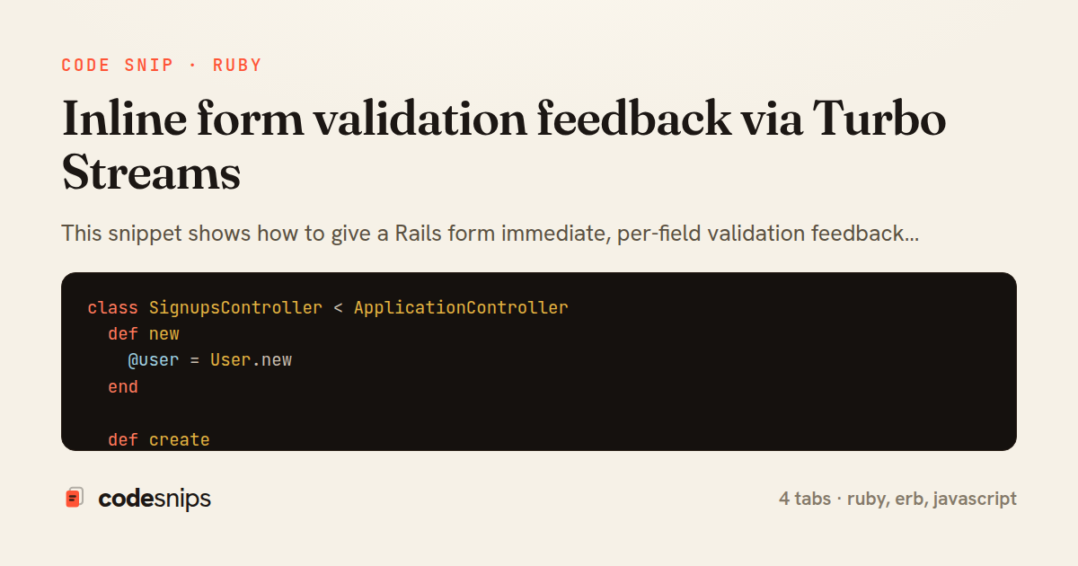 Inline form validation feedback via Turbo Streams — share card