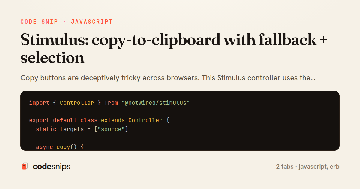 Stimulus: copy-to-clipboard with fallback + selection — share card